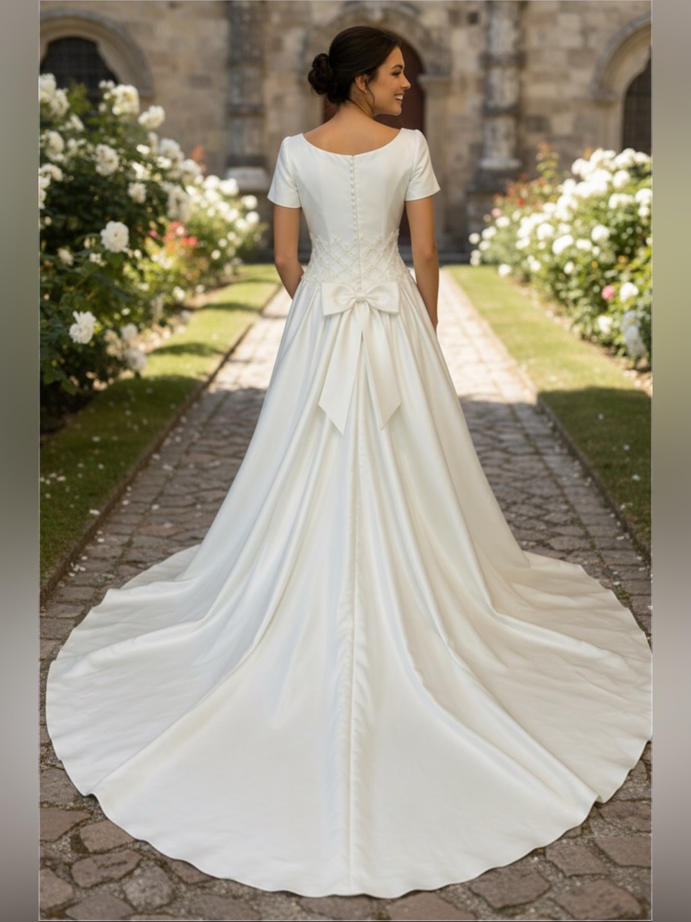 Vintage Wedding Dress Elegant White Satin Bridal Gown with Bow Back and Train